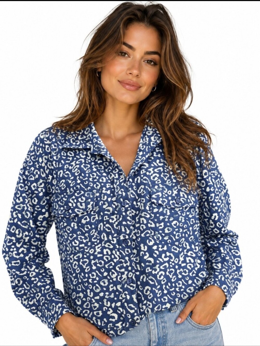 Notations Blue and White Leopard Print Button-Down Shirt (Size:small)